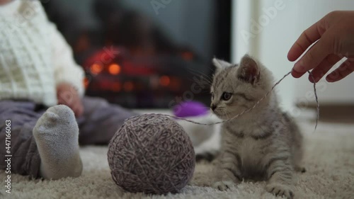 baby playing with cat. tomcat on carpet near burning fireplace at home comfort. striped kitten play with ball of thread. kitty run looking at camera. happy adorable pet, childhood, wild nature concept