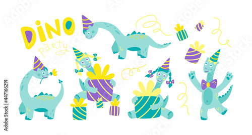 Dino Birthday Party. Hilarious funny dinosaurs in festive caps and gifts. Set of dinosaur