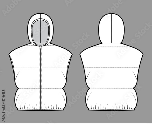 Hooded Down vest puffer waistcoat technical fashion illustration with zip-up closure, loose fit, crop length, wide quilting. Flat template front, back, grey color style. Women, men, unisex CAD mockup