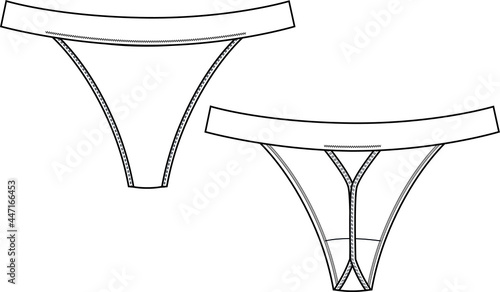 Thong String panty lingerie technical illustration. Editable underwear flat fashion sketch