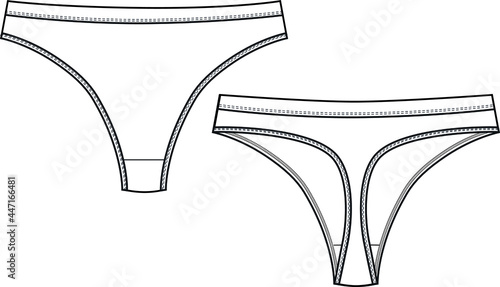 String Thong panty lingerie technical illustration. Editable underwear flat fashion sketch