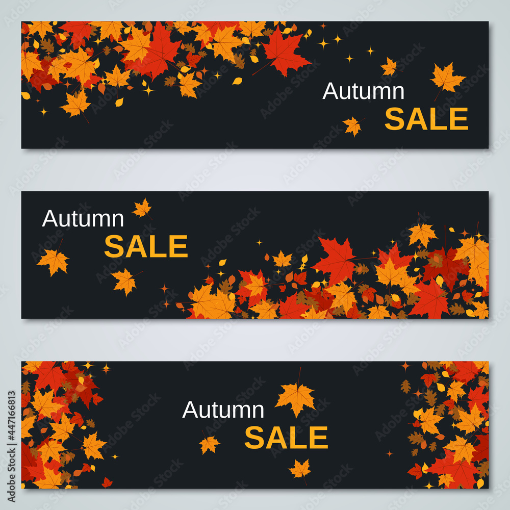 Naklejka premium Autumn sale horizontal banners vector design template. Black background with colorful tree leaves