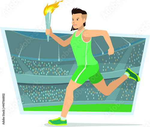 Vector illustration with a young woman runing and carry a Olympic torch over a stadium background.