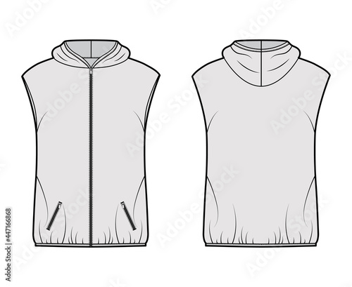 Hooded Down vest puffer waistcoat technical fashion illustration with zip-up closure, pockets, oversized body, hip length. Flat template front, back grey color style. Women, men, unisex top CAD mockup