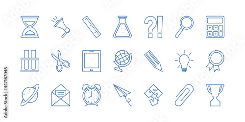 School supplies vector icon, blue thin line set isolated on white background. Education illustration