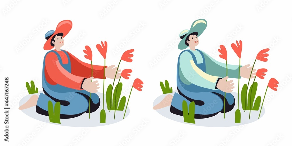 A flower gardener takes care of flowers. The man with the hat. Woman man in the country. Aesthetic picture with flowers. The atmosphere of tranquility in nature. Different colors. A man on his knees.