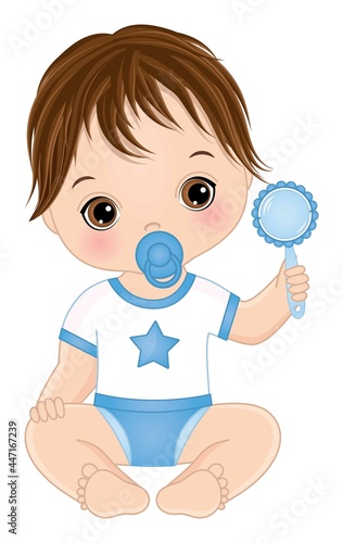 Vector Cute Baby Boy with Rattle and Pacifier