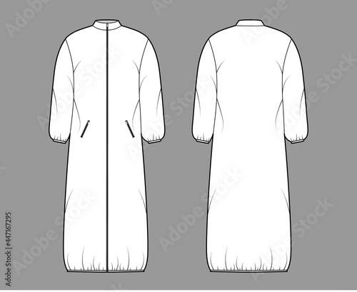 Jacket padded shell coat puffer technical fashion illustration with long sleeve, stand collar, maxi length, zip-up closure, boxy fit. Flat template front, back, white color. Women, men top CAD mockup
