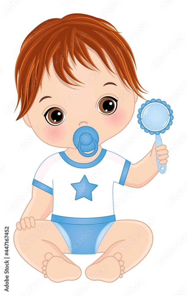 Vector Cute Baby Boy Holding Rattle and Pacifier Vector Cute Baby Boy Holding Rattle and Pacifier