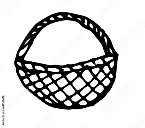 Vector wicker basket. a hand-drawn rustic basket, empty, side view. Basket isolated black line on a white background for a design template.Line art doodle basket contour. Doodle cartoon illustration.