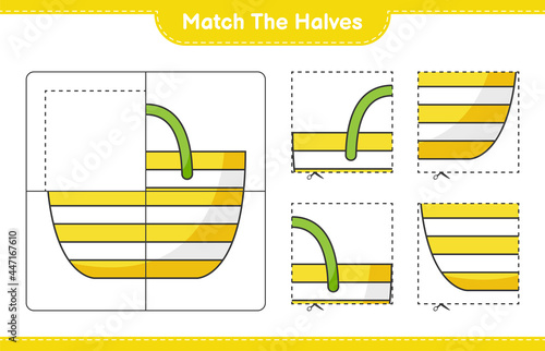 Match the halves. Match halves of Beach Bag. Educational children game, printable worksheet, vector illustration