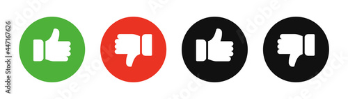 Thumbs up and thumbs down icon set. Collection of thumb reaction button icons. Flat style vector icons. 
