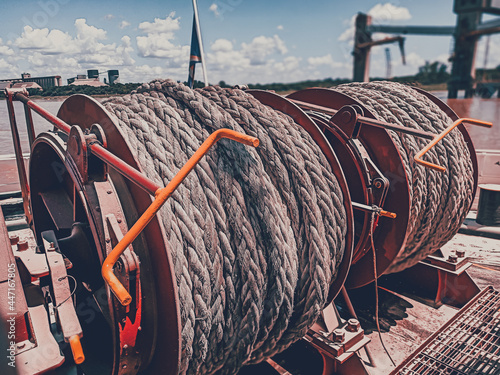 Принти на полотні Cargo vessel ropes are standing by for the berthing maneouver