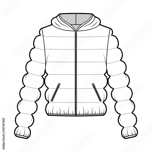 Hooded jacket Down puffer coat technical fashion illustration with zip-up closure, pockets, oversized, classic quilting. Flat template front, white color style. Women, men, unisex top CAD mockup