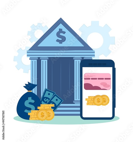 vector illustration on the theme of mobile banking. Cash transactions, business, payments, bank in a mobile phone. 