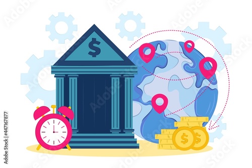 Fast money transfers around the world. Vector flat illustration. Worldwide transfer of Bank funds. Cash transactions. 