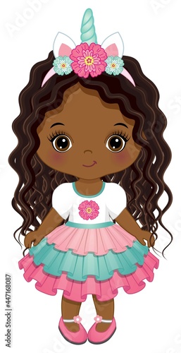 Cute African American Little Unicorn Baby Girl with Long Curly Hair