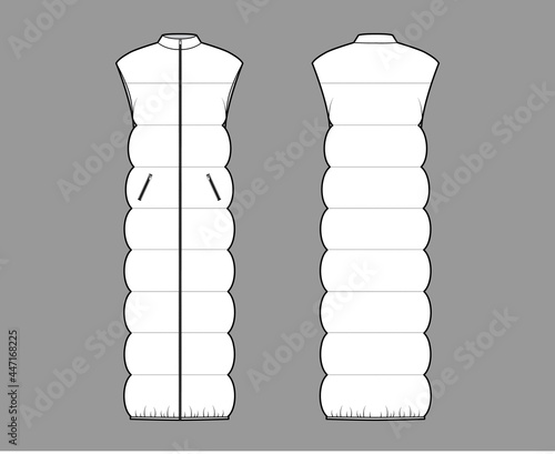 Down vest puffer waistcoat technical fashion illustration with sleeveless, stand collar, zip-up closure, pockets, maxi length, wide quilting. Flat template front, back, white color style. Women, CAD