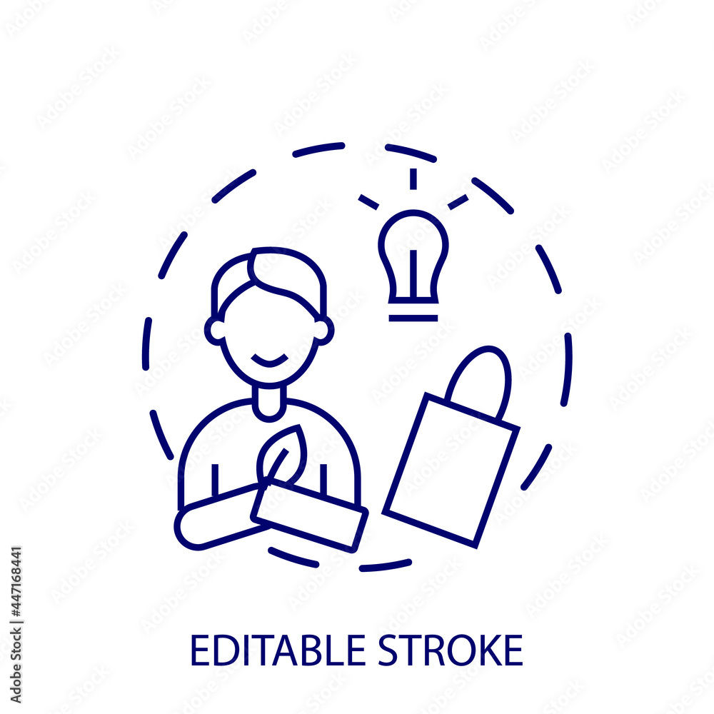 Conscious consumption with care for nature outline concept circle icon. Shopping bag. Isolated vector illustration