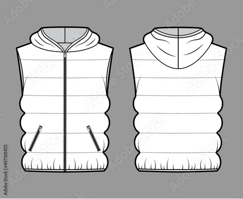 Hooded Down vest puffer waistcoat technical fashion illustration with sleeveless, loose fit, hip length, classic quilting. Flat template front, back, white color style. Women men unisex top CAD mockup