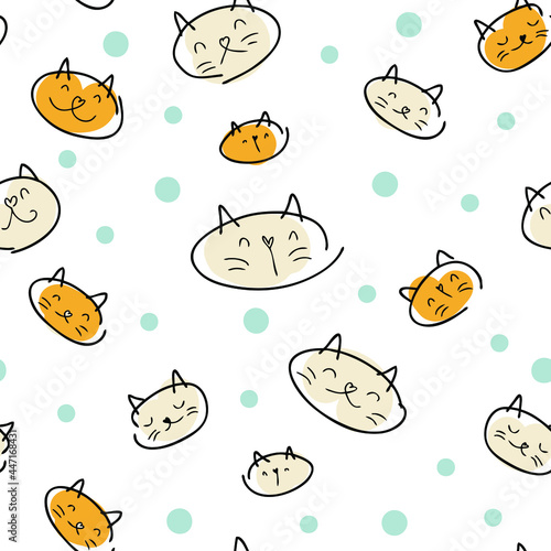 Doodle style vector seamless pattern of cat muzzles and drops in pastel autumn colors. Perfect for fabric, textile and prints. Hand drawn illustration for decor and design. 