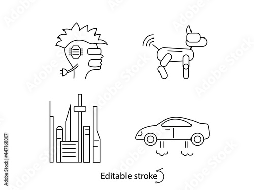 Cyberpunk outline icons set. Futuristic city. Robot dog technology. Flying car.