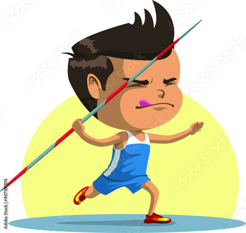 Super deformed character in a funny vector illustration throwing a javelin.