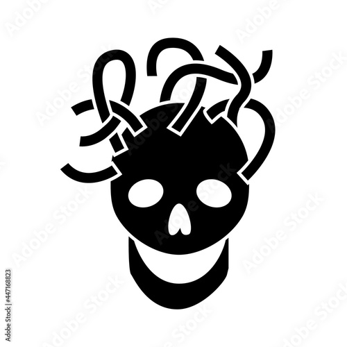 Cyberpunk skull with wires glyph icon. Futuristic cyborg. Bio-robot gadgets