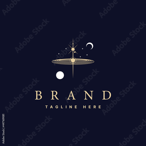Vector golden logo on which an abstract image of the solar system with planets and the image of an inverted moon from below.
