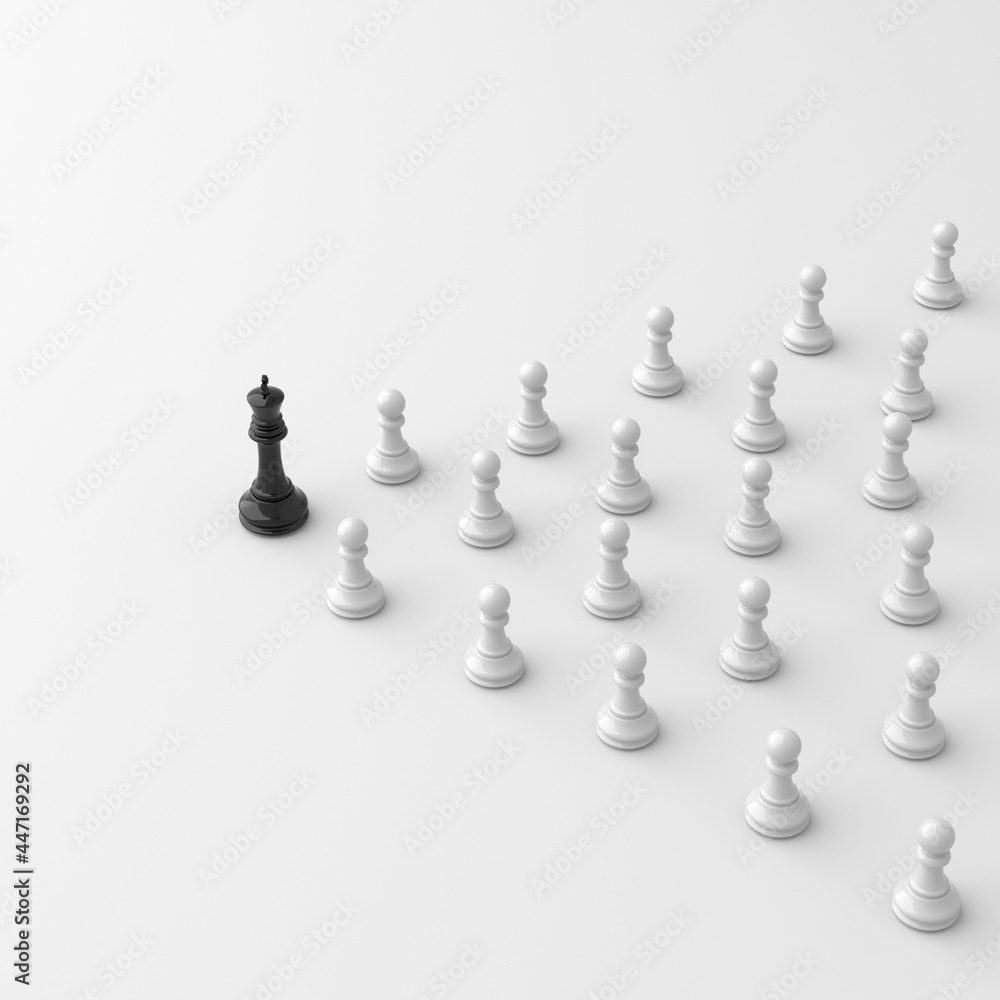 Leadership concept, black king of chess, standing out from the crowd of white pawns, on white background. 3D Rendering Leadership concept, black king of chess, standing out from the crowd of white pawns, on white background. 3D Rendering