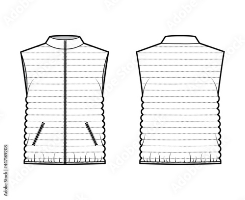 Down vest puffer waistcoat technical fashion illustration with stand collar, pockets, loose fit, hip length, narrow quilting. Flat template front, back, white color style. Women, men top CAD mockup