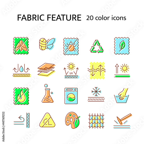 Fabric feature flat icon. Textile industry. Natural dye fiber. Rain cover, antistatic fabric. Easy care