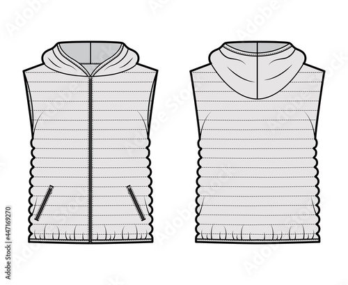 Down vest puffer waistcoat technical fashion illustration with sleeveless, hoody collar, zip-up closure, hip length, narrow quilting. Flat template front, back, grey color style. Women, men CAD mockup