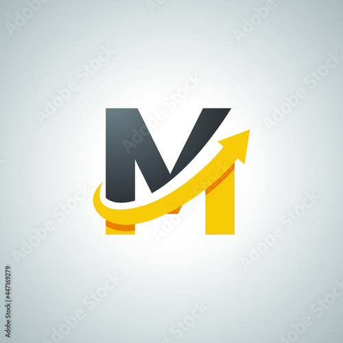 Arrow letter M logo design, creative letter mark suitable for company brand identity, business chart/graph logo template swoosh logo, black and yellow concept.