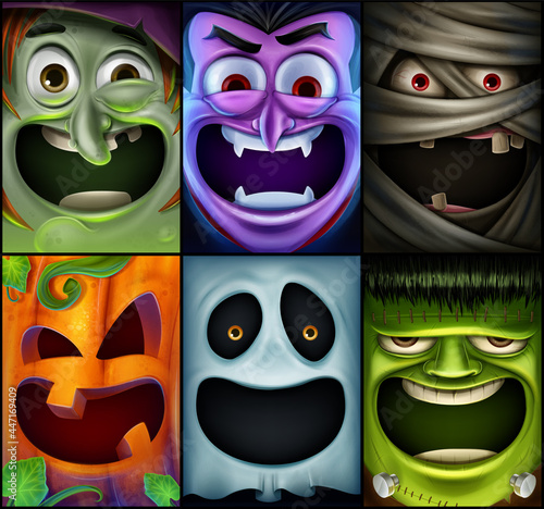 set of masks for halloween with monster vampire witch pumpkin ghost mummy face