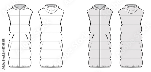 Down vest puffer waistcoat technical fashion illustration with sleeveless, hoody collar, oversized, knee length, wide quilting. Flat template front, back, white, grey color style. Women, men, top CAD