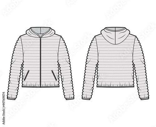Hooded jacket Down puffer coat technical fashion illustration with long sleeves, zip-up closure, pockets, narrow quilting. Flat template front, back grey color style. Women, men, unisex top CAD mockup