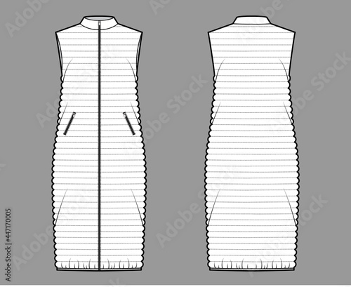 Down vest puffer waistcoat technical fashion illustration with sleeveless, stand collar, zip-up closure, pockets, midi length, narrow quilting. Flat template front, back, white color. Women, men, top