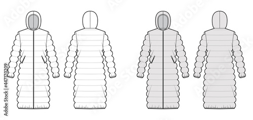 Hooded quilted shell down coat jacket puffer technical fashion illustration with long sleeve, knee length, oversized. Flat template front, back, white, grey color style. Women, men, unisex top mockup