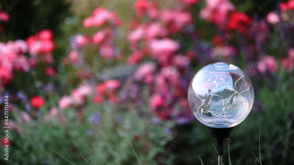 Φωτογραφία lampa solarna ogrodowa na tle róż w ogrodzie, Solar lamp on a rose