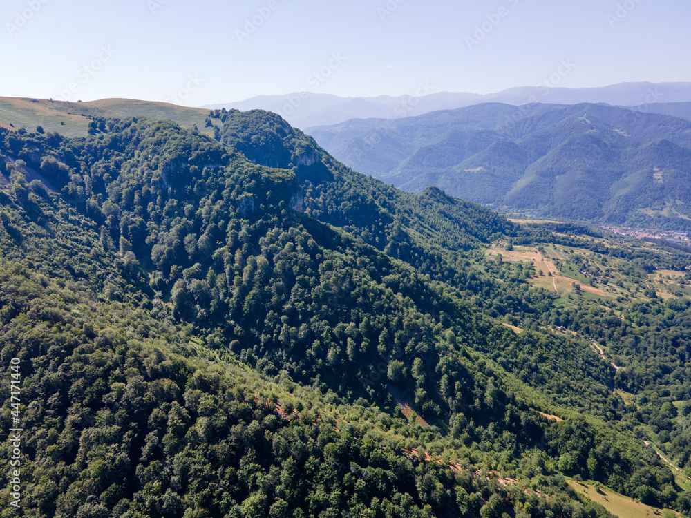 Fototapeta premium Aerial view of Balkan Mountain near town of Teteven, Bulgaria