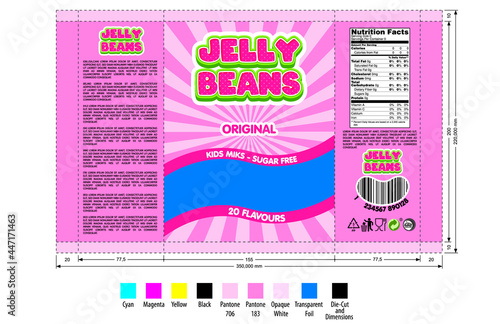 Jelly beans packaging design template, ready for flexo printing, cmyk, pantone colors,die-cut - vector photo