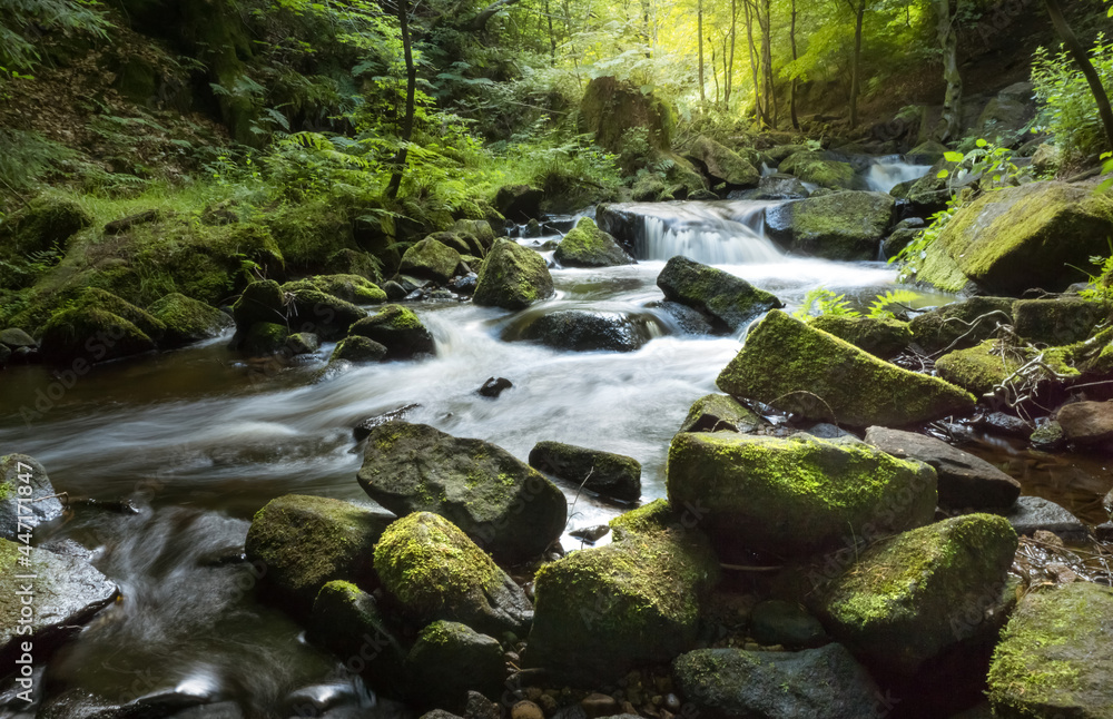 A Beautiful, Long Exposure Photograph of a River Passing, Wymming Brook, Sheffield, Near Peak District, in England A Beautiful, Long Exposure Photograph of a River Passing, Wymming Brook, Sheffield, Near Peak District, in England