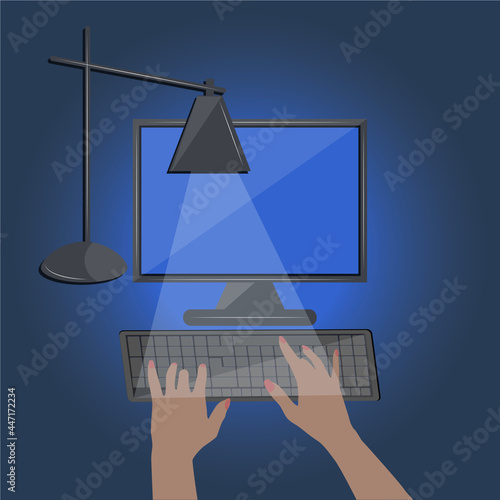 Working at the computer at night, female hands on the keyboard, table lamp - vector. Doom scroll. Internet addiction.