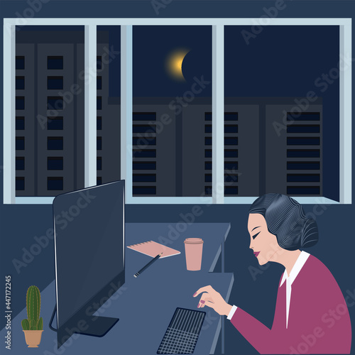 An elderly lady at night sits at her desk, looks at the news on her computer, window, moon, city - vector. Doom scroll. Internet addiction.