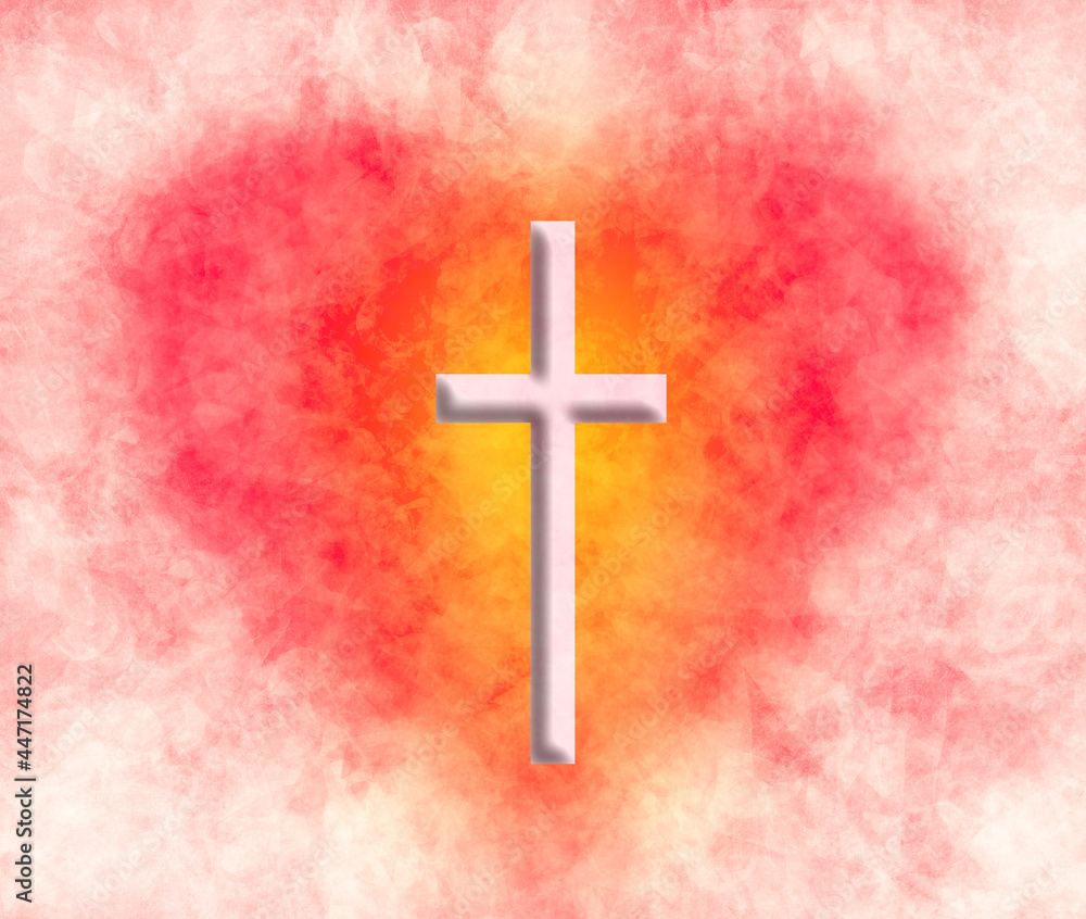 Glowing Christian cross in abstract heart Watercolor 