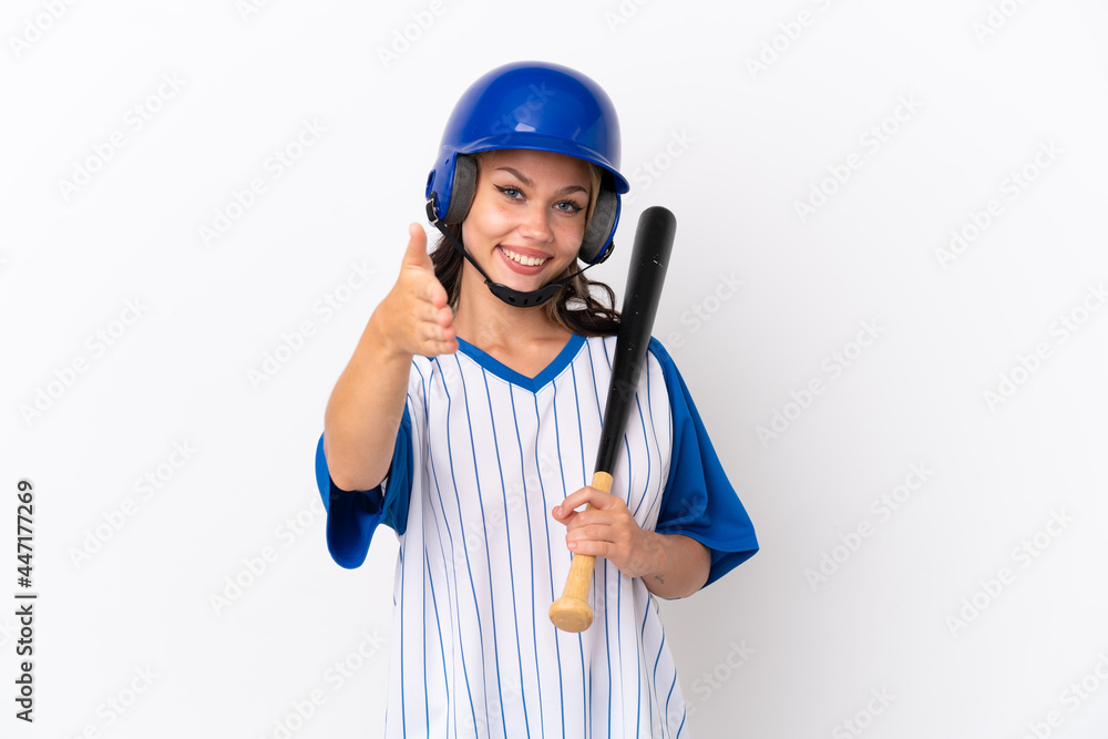 Baseball Russian girl player with helmet and bat isolated on white background shaking hands for closing a good deal Baseball Russian girl player with helmet and bat isolated on white background shaking hands for closing a good deal