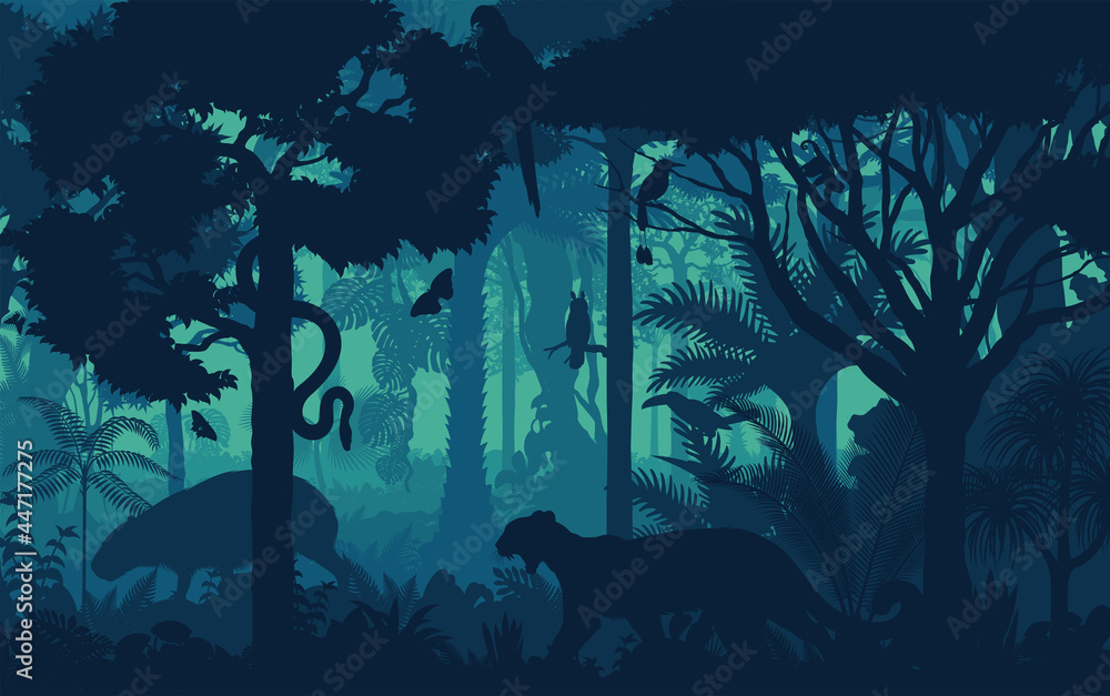 Obraz premium Vector evening tropical rainforest Jungle background with jaguar, ara macaw parrrot, monkey, owl, toucan and Capybara