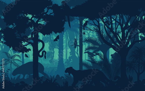 Vector evening tropical rainforest Jungle background with jaguar, ara macaw parrrot, monkey, owl, toucan and Capybara