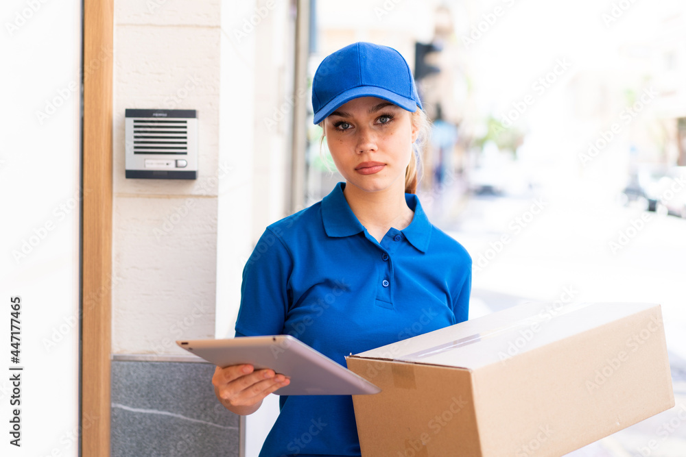 Young delivery woman at outdoors holding boxes and a tablet Young delivery woman at outdoors holding boxes and a tablet